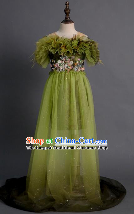 Top Children Princess Compere Green Full Dress Catwalks Stage Show Dance Costume for Kids