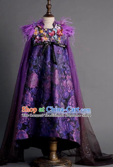 Top Children Princess Compere Purple Cloak Full Dress Catwalks Stage Show Dance Costume for Kids