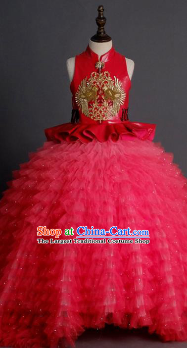 Traditional Chinese Catwalks Chorus Red Veil Trailing Qipao Dress Compere Stage Performance Costume for Kids