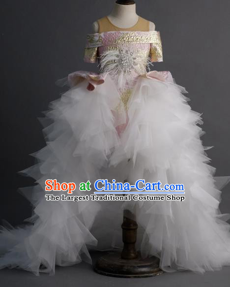 Top Children Cosplay Princess White Veil Trailing Full Dress Catwalks Compere Stage Show Dance Costume for Kids