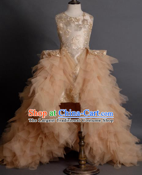 Top Children Compere Apricot Pink Veil Trailing Full Dress Catwalks Stage Show Dance Costume for Kids