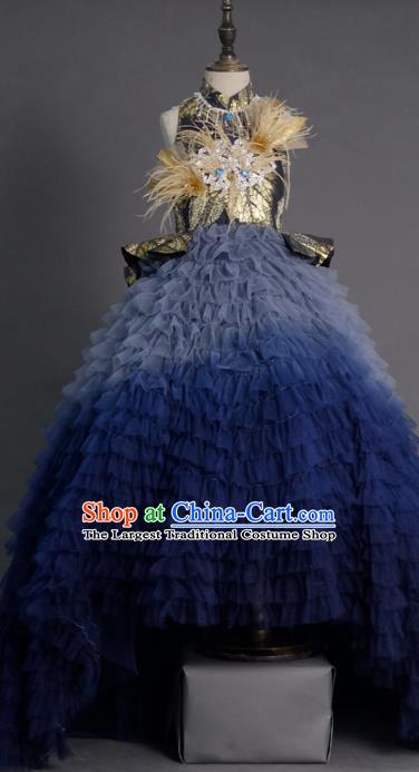 Top Children Compere Deep Blue Veil Trailing Full Dress Catwalks Stage Show Dance Costume for Kids