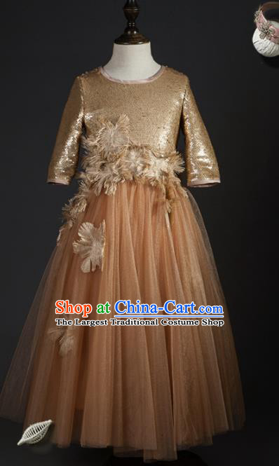 Top Children Compere Champagne Sequins Full Dress Catwalks Stage Show Dance Costume for Kids