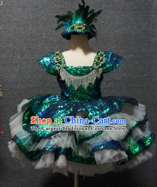Top Children Piano Recital Green Sequins Short Dress Catwalks Princess Stage Show Birthday Costume for Kids