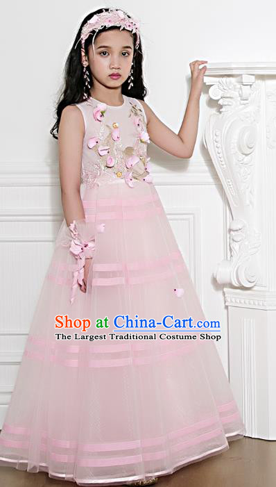 Top Children Fairy Princess Pink Full Dress Compere Catwalks Stage Show Dance Costume for Kids