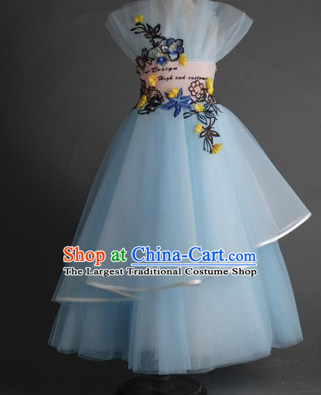 Top Children Fairy Princess Blue Veil Full Dress Compere Catwalks Stage Show Dance Costume for Kids