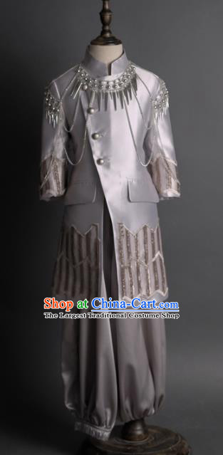 Traditional Chinese Children Grey Tang Suit Compere Classical Dance Stage Performance Costume for Kids