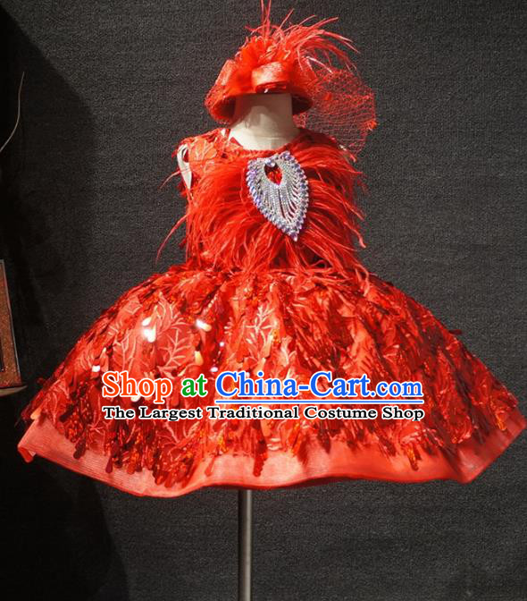 Top Children Kindergarten Performance Red Feather Short Dress Catwalks Stage Show Birthday Costume for Kids