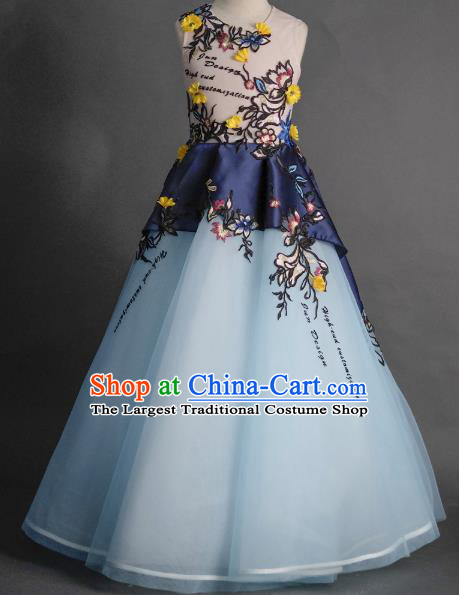 Top Children Fairy Princess Blue Veil Full Dress Compere Catwalks Stage Show Dance Costume for Kids