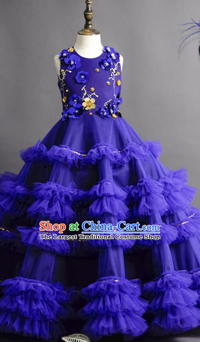 Top Children Fairy Princess Royalblue Full Dress Compere Catwalks Stage Show Dance Costume for Kids