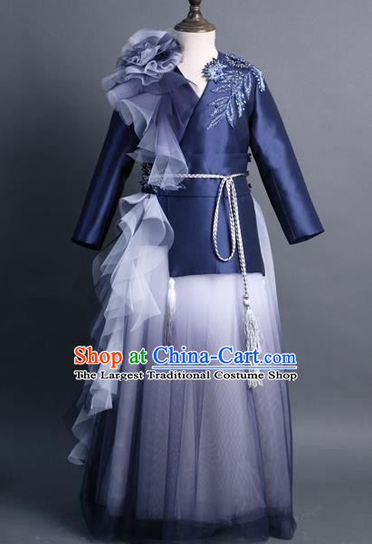 Traditional Chinese Girl Classical Dance Navy Veil Dress Compere Stage Performance Costume for Kids