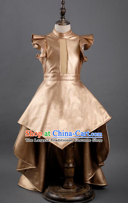Top Children Fairy Princess Golden Trailing Full Dress Compere Catwalks Stage Show Dance Costume for Kids