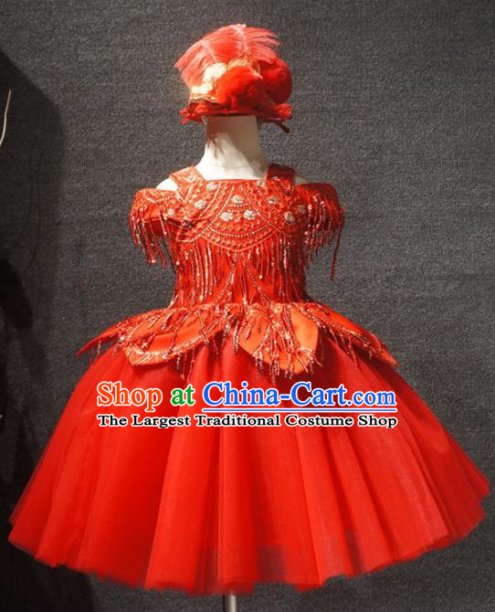 Top Kindergarten Children Day Performance Red Dress Catwalks Stage Show Birthday Costume for Kids