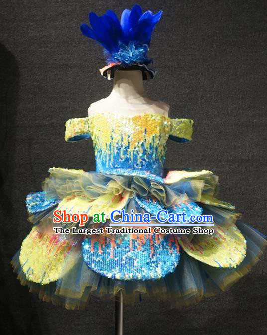 Top Children Dance Blue Bubble Full Dress Catwalks Princess Stage Show Birthday Costume for Kids