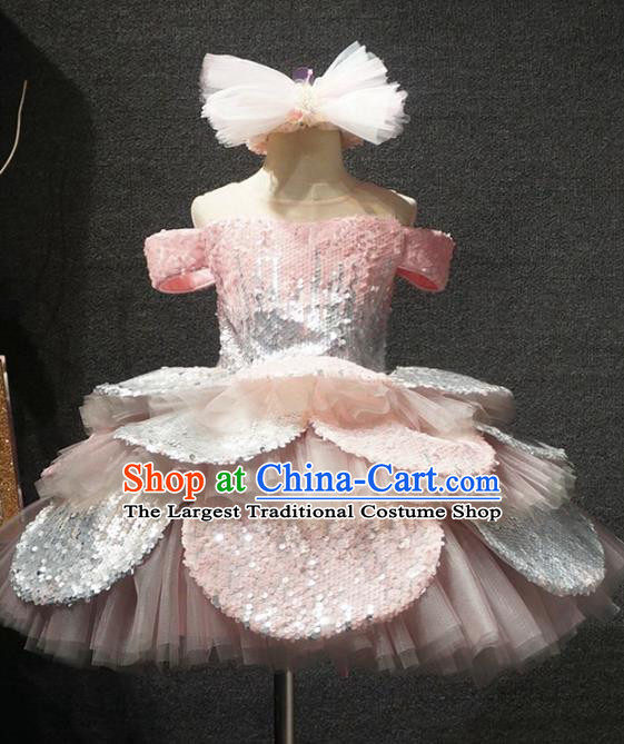 Top Children Dance Pink Paillette Bubble Full Dress Catwalks Princess Stage Show Birthday Costume for Kids