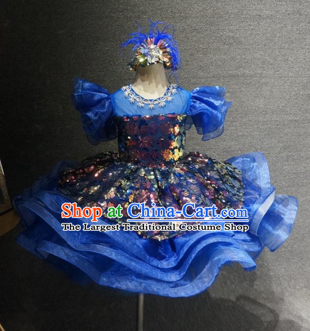 Top Grade Children Day Performance Deep Blue Short Dress Catwalks Stage Show Birthday Costume for Kids