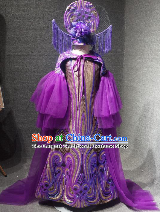 Traditional Chinese Catwalks Performance Purple Qipao Dress Compere Stage Show Costume for Kids