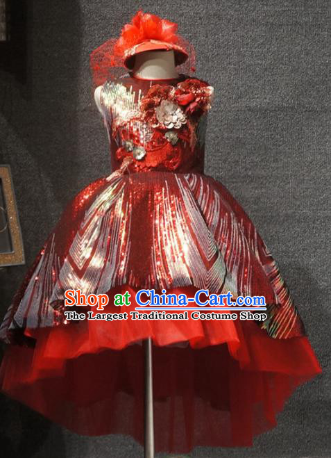 Top Children Dance Red Paillette Dress Catwalks Princess Stage Show Birthday Costume for Kids