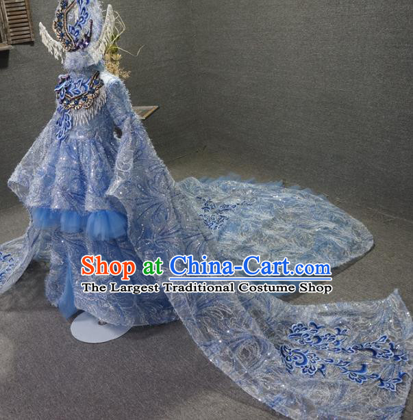 Traditional Chinese Catwalks Performance Embroidered Blue Trailing Dress Compere Stage Show Costume for Kids