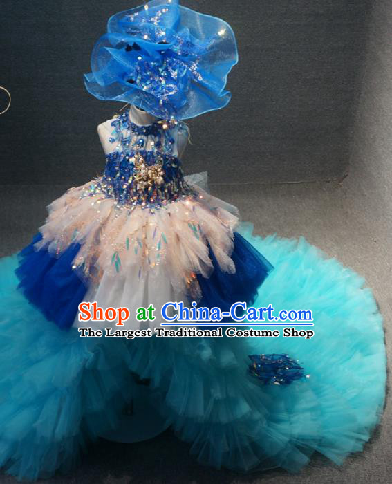 Top Children Piano Recital Blue Veil Trailing Full Dress Catwalks Princess Stage Show Birthday Costume for Kids