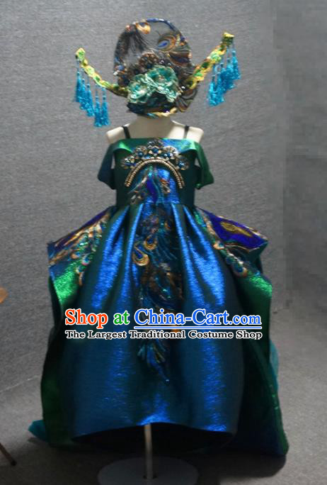 Traditional Chinese Catwalks Embroidered Peacock Green Trailing Dress Compere Stage Performance Costume for Kids