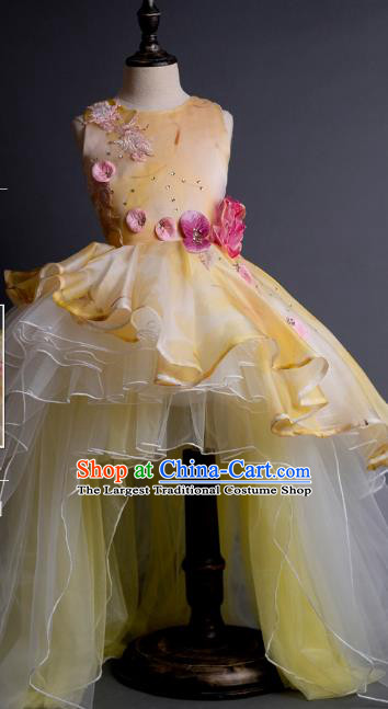 Top Children Fairy Princess Printing Yellow Veil Trailing Full Dress Compere Catwalks Stage Show Dance Costume for Kids