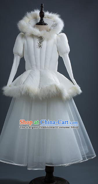 Top Children Cosplay Queen Winter White Full Dress Compere Catwalks Stage Show Dance Costume for Kids