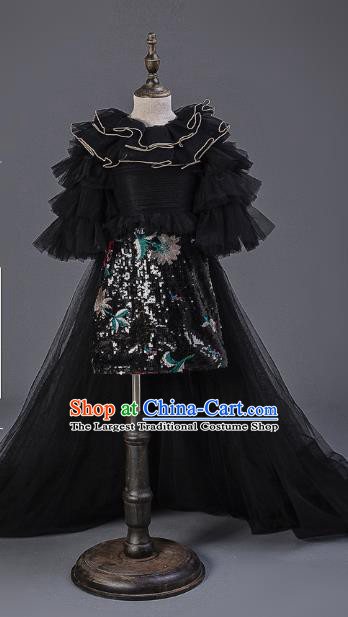 Top Children Cosplay Princess Black Veil Trailing Full Dress Compere Catwalks Stage Show Dance Costume for Kids