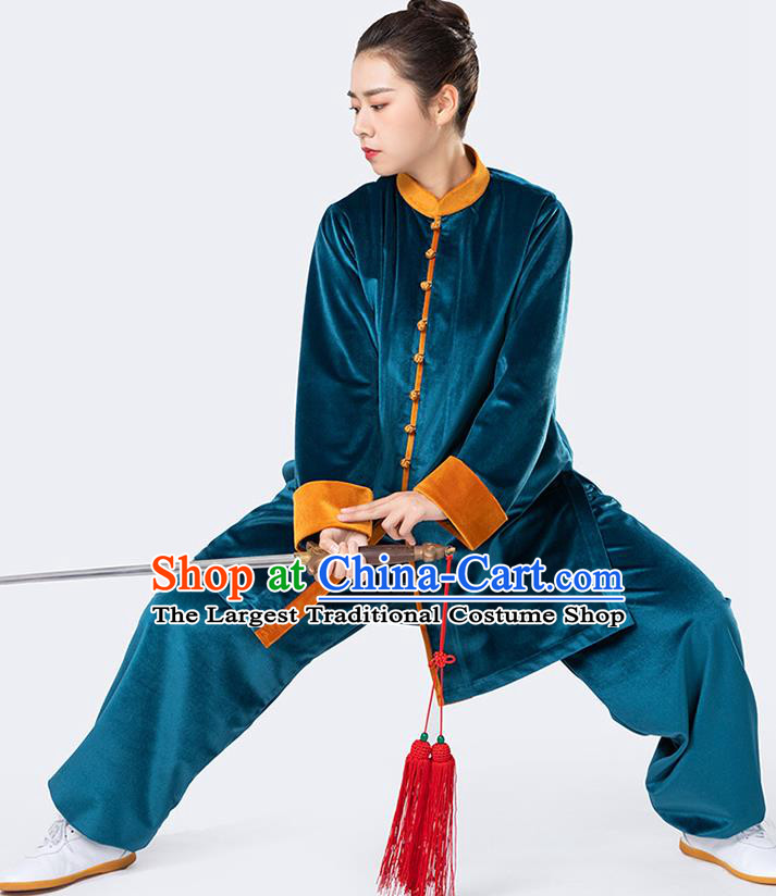 Traditional Chinese Tai Chi Peacock Blue Velvet Outfits Martial Arts Stage Performance Costumes for Women