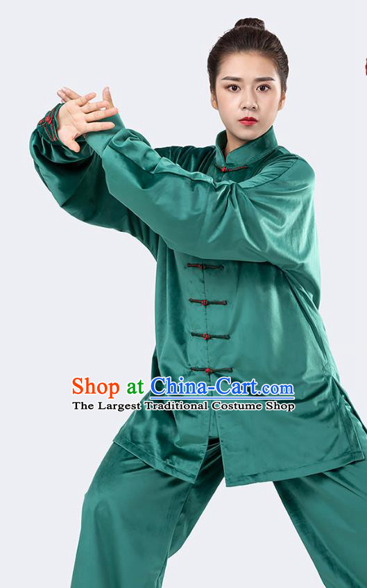 Traditional Chinese Tai Chi Competition Green Velvet Outfits Martial Arts Stage Performance Costumes for Women