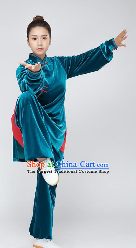 Top Tai Chi Kung Fu Blue Pleuche Outfits Chinese Traditional Martial Arts Stage Performance Costumes for Women