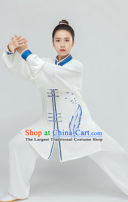 Top Tai Chi Kung Fu Printing Feather White Outfits Chinese Traditional Martial Arts Stage Performance Costumes for Women