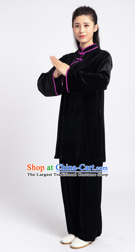 Top Tai Chi Kung Fu Competition Black Pleuche Outfits Chinese Traditional Martial Arts Costumes for Women