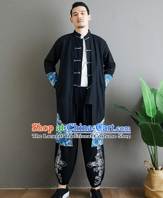 Top Chinese Tang Suit Black Flax Coat Traditional Tai Chi Kung Fu Costume for Men