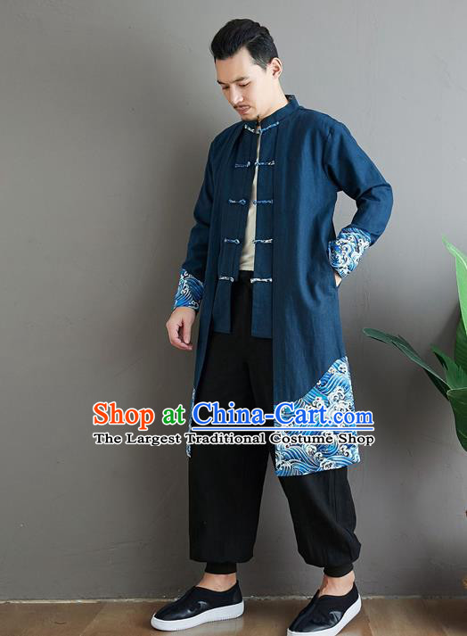 Top Chinese Tang Suit Navy Flax Coat Traditional Tai Chi Kung Fu Costume for Men