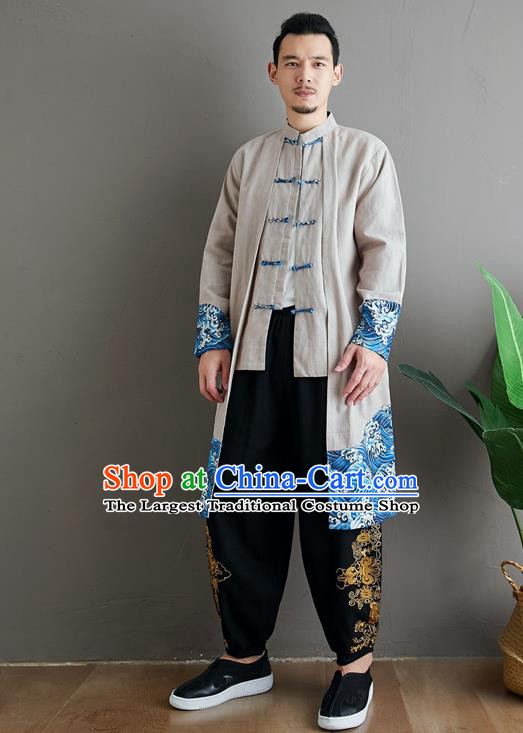 Top Chinese Tang Suit Beige Flax Coat Traditional Tai Chi Kung Fu Costume for Men