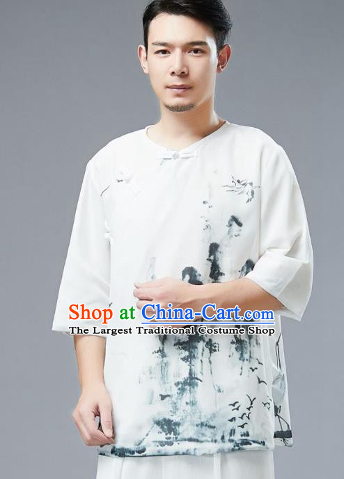 Chinese Tang Suit Ink Painting Chiffon Shirt Traditional Tai Chi Kung Fu Upper Outer Garment Costume for Men