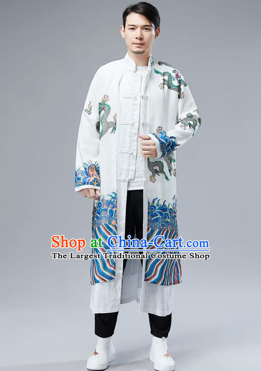 Top Chinese Tang Suit Printing Dragon White Gown Traditional Republic of China Kung Fu Overcoat Costumes for Men