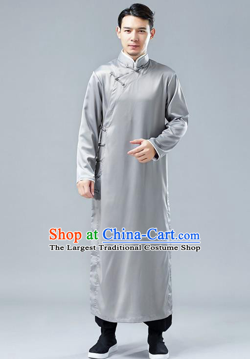 Top Chinese Tang Suit Grey Silk Robe Traditional Republic of China Kung Fu Gown Costumes for Men