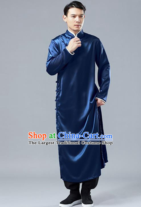 Top Chinese Tang Suit Deep Blue Silk Robe Traditional Republic of China Kung Fu Gown Costumes for Men