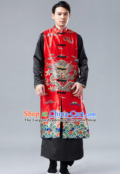 Chinese Tang Suit Printing Dragon Red Long Vest Traditional Tai Chi Kung Fu Overcoat Upper Outer Garment Costume for Men