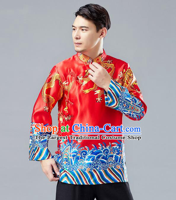 Top Chinese Tang Suit Printing Dragon Red Jacket Traditional Tai Chi Kung Fu Overcoat Costume for Men