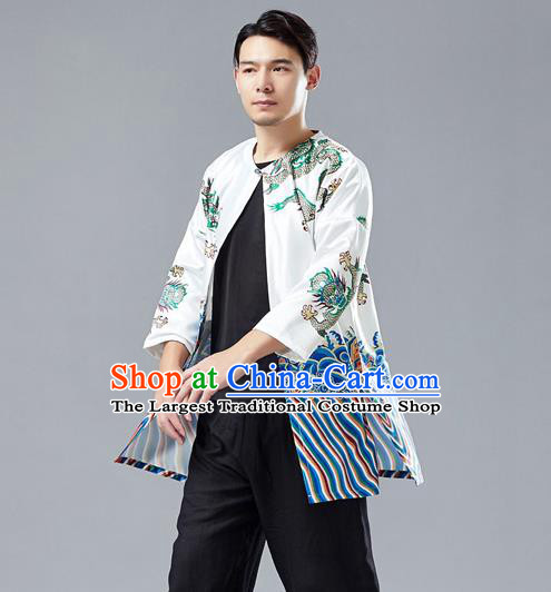 Top Chinese Tang Suit Printing Dragon White Satin Cardigan Traditional Tai Chi Kung Fu Jacket Costume for Men