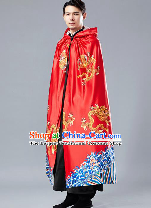 Top Chinese Tang Suit Printing Dragon Red Cape Traditional Tai Chi Kung Fu Cloak Costume for Men