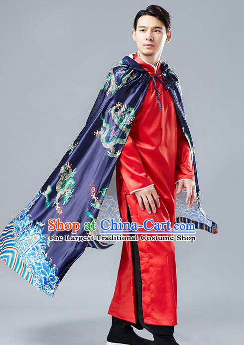 Top Chinese Tang Suit Printing Dragon Navy Cape Traditional Tai Chi Kung Fu Cloak Costume for Men