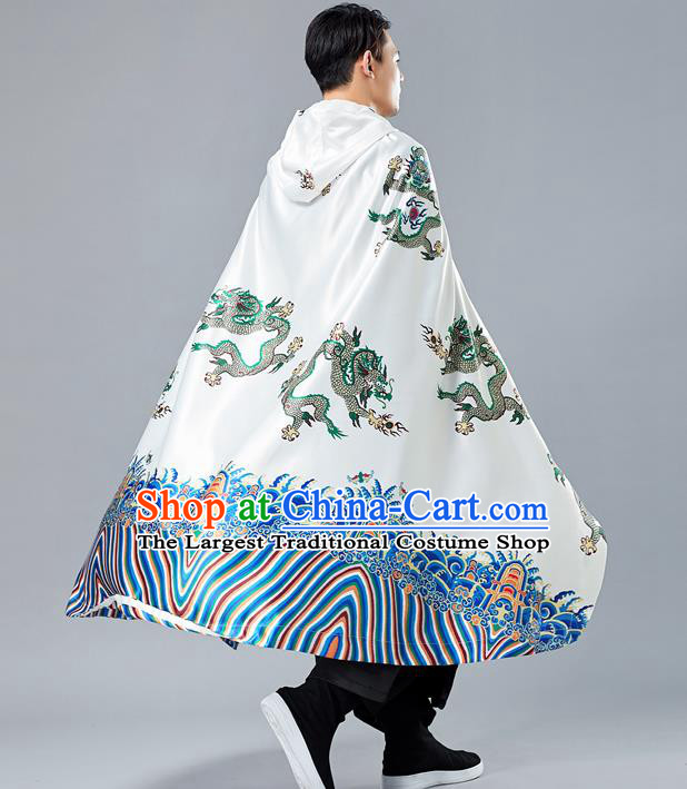 Top Chinese Tang Suit Printing Dragon White Cape Traditional Tai Chi Kung Fu Cloak Costume for Men