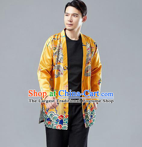 Top Chinese Tang Suit Printing Dragon Yellow Cardigan Traditional Tai Chi Kung Fu Jacket Costume for Men