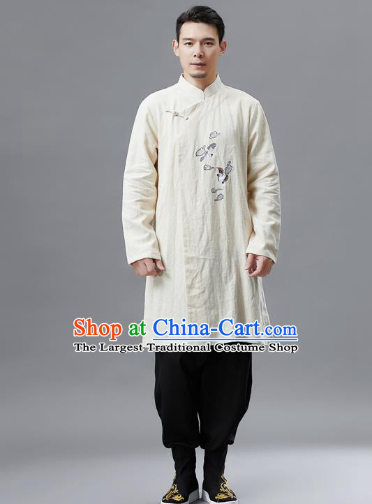 Top Chinese Tang Suit Embroidered Crane Beige Flax Jacket Traditional Tai Chi Kung Fu Overcoat Costume for Men