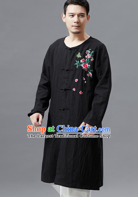 Top Chinese Tang Suit Embroidered Black Flax Shirt Traditional Tai Chi Kung Fu Upper Outer Garment Costume for Men