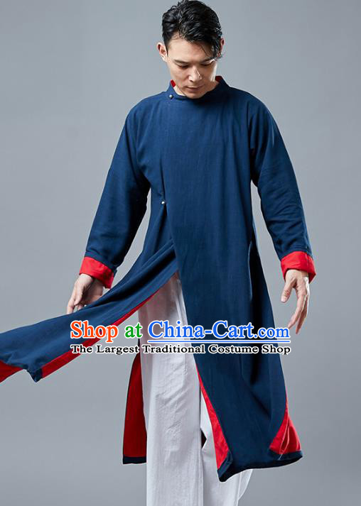 Top Chinese Tang Suit Navy Long Coat Traditional Tai Chi Kung Fu Overcoat Costume for Men